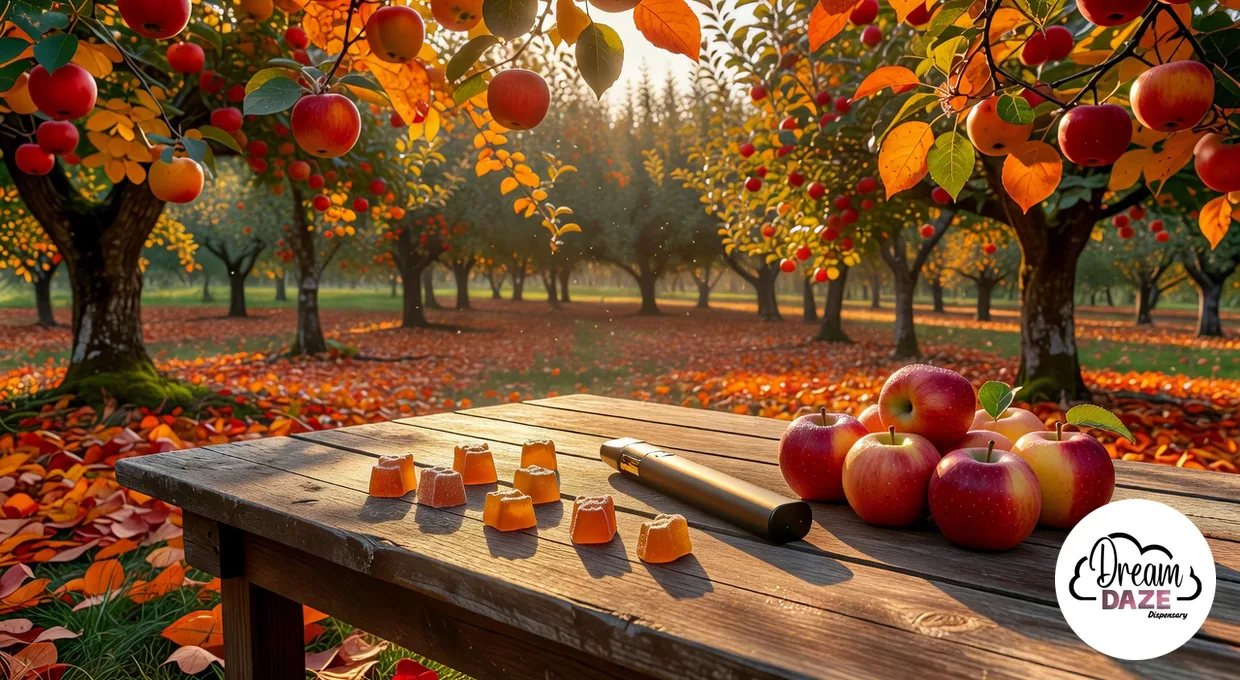 ayrloom vape and gummies on a wooden farm table with apples and autumn light