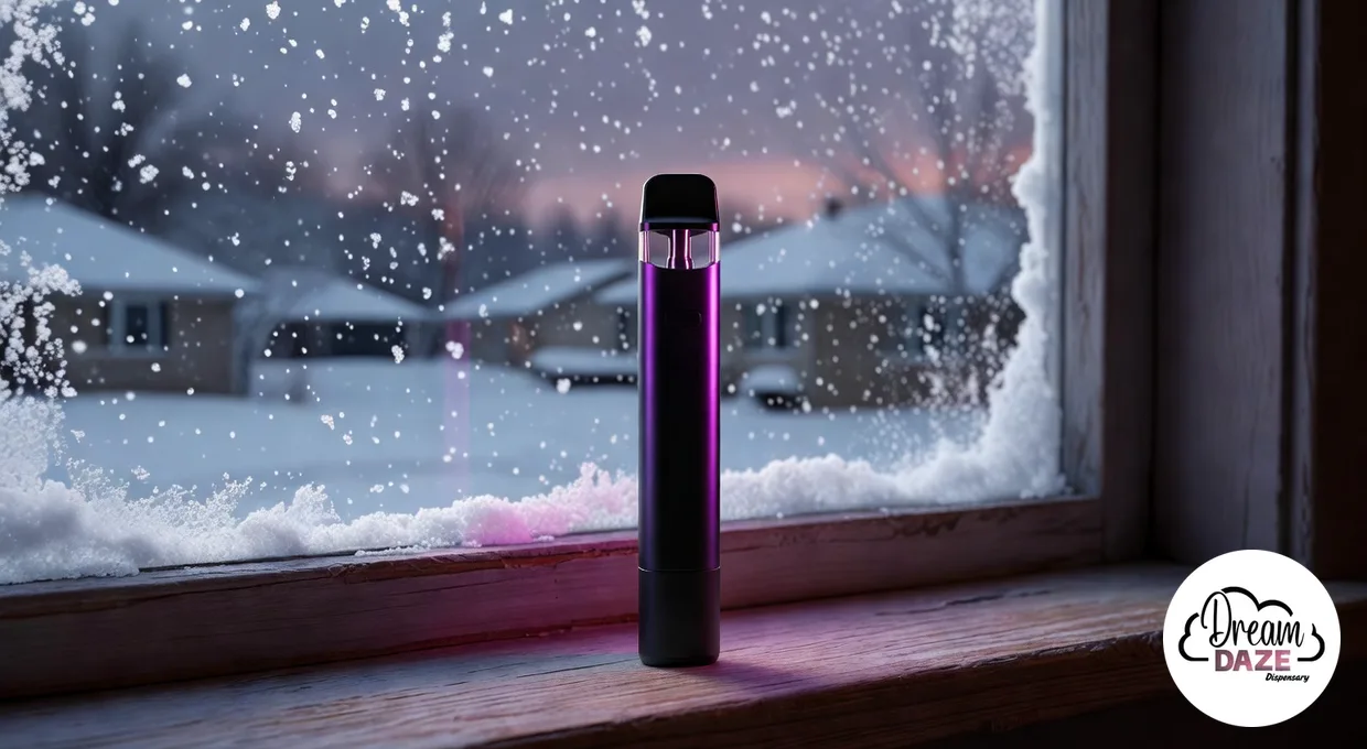 Dime Industries all-in-one vape on a windowsill with snow falling outside a Western New York house