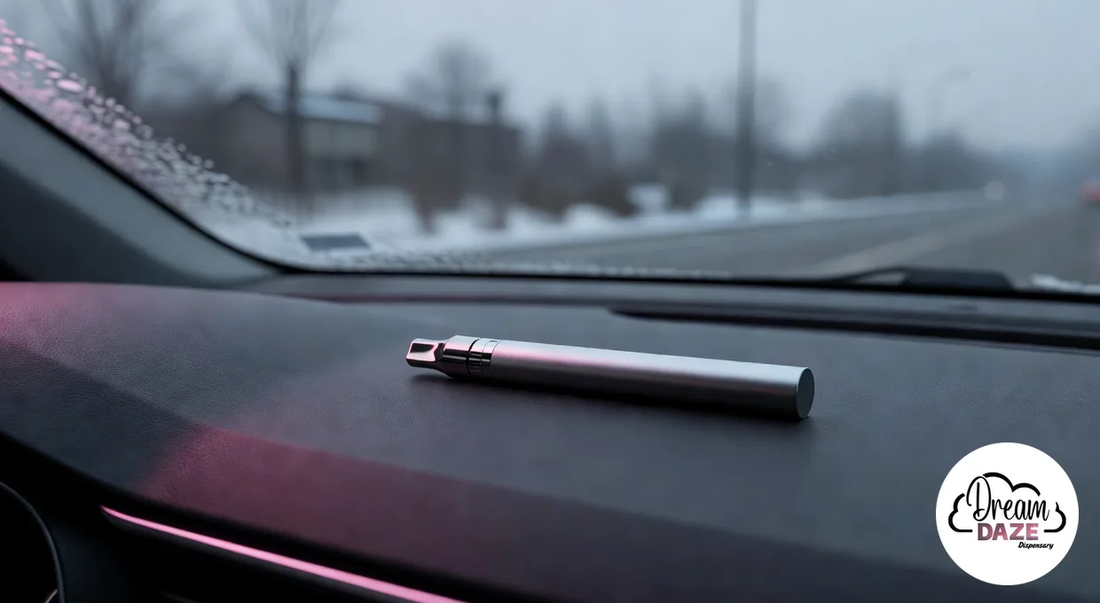 Fernway Traveler all-in-one vape on a car dashboard with a gray Western New York winter morning outside