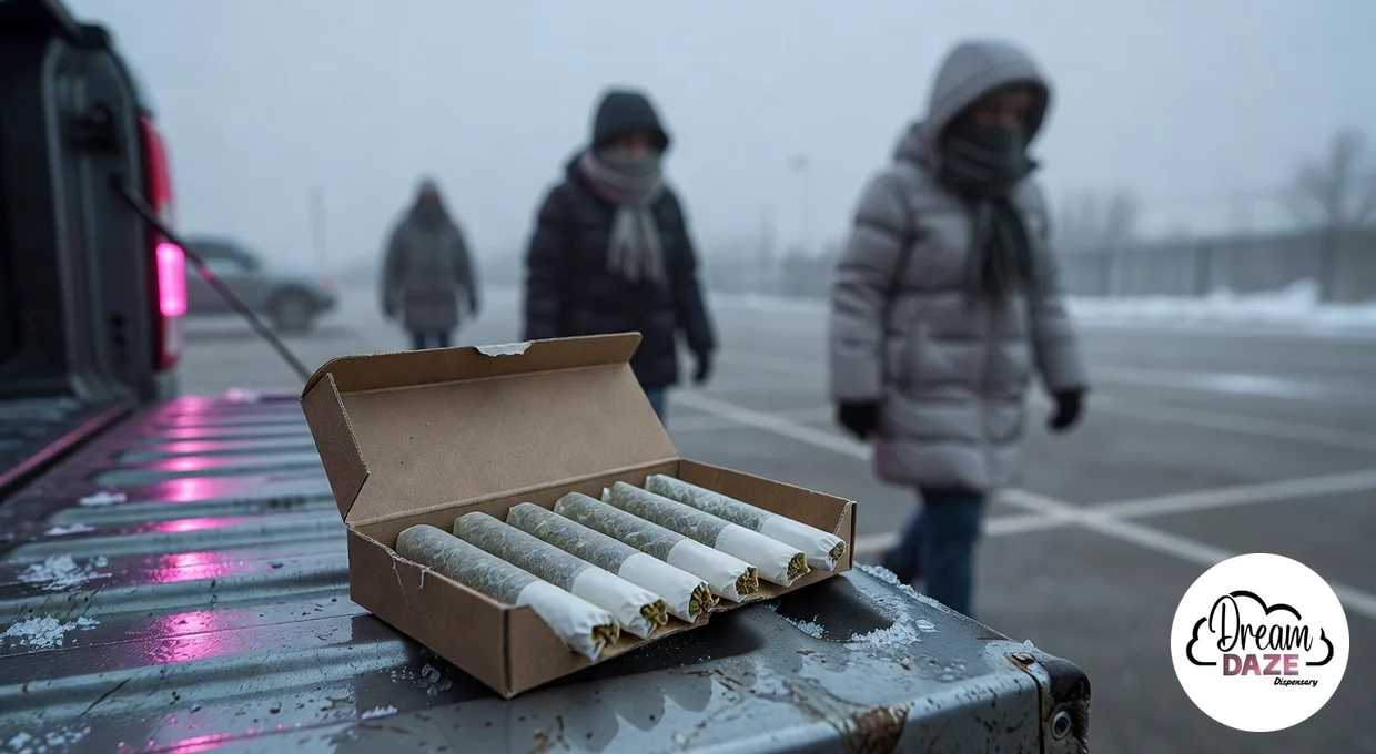 Infused pre-roll five pack open on a truck tailgate before a Western New York tailgate in the cold
