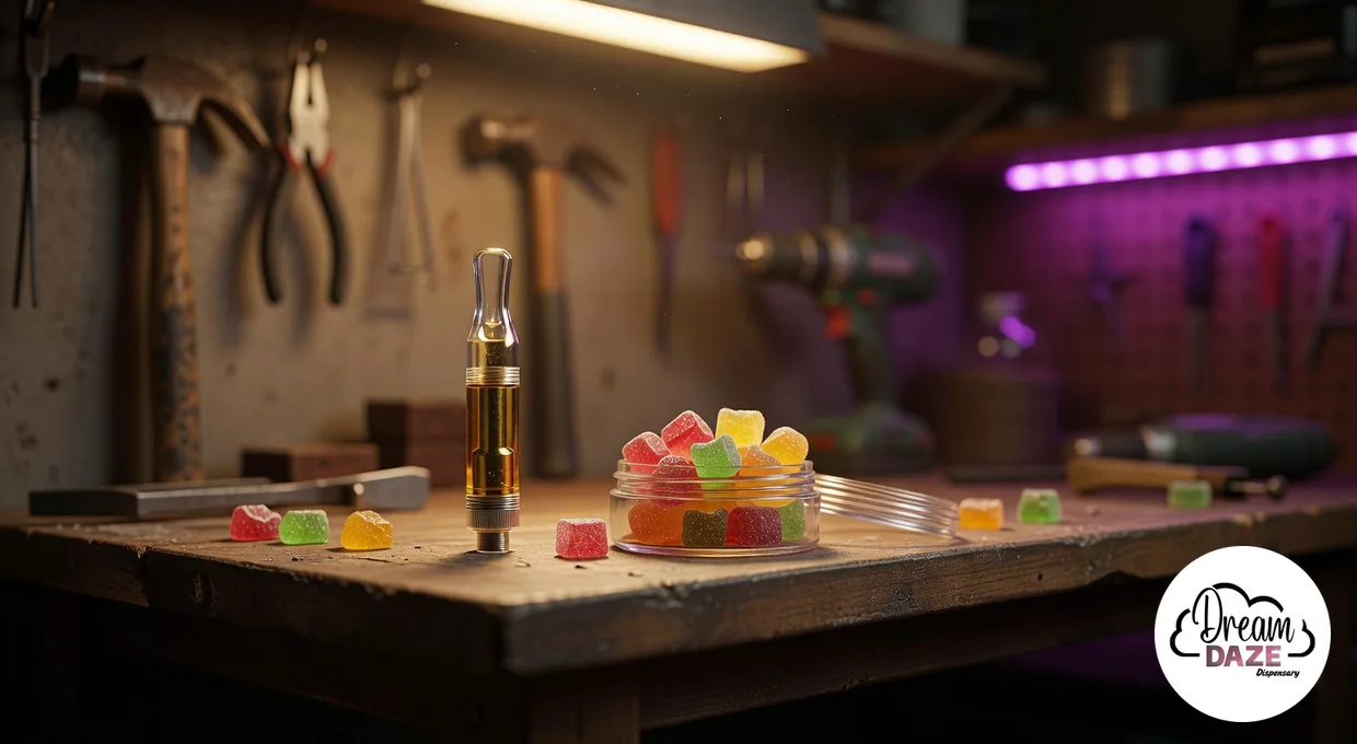 Jaunty vape cart and gummies on a workbench in a Western New York garage with tools in the background