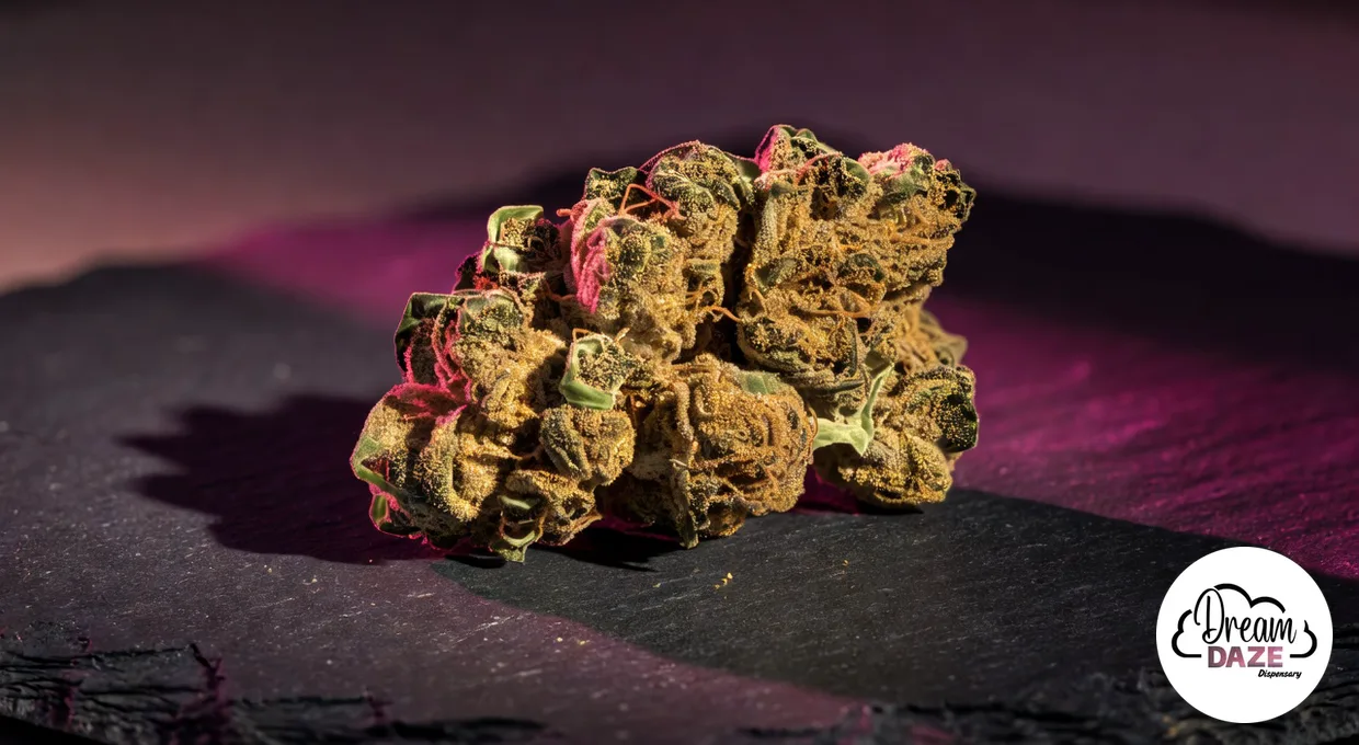Moon rock cannabis nug coated in kief on a dark surface with a lit blunt beside it