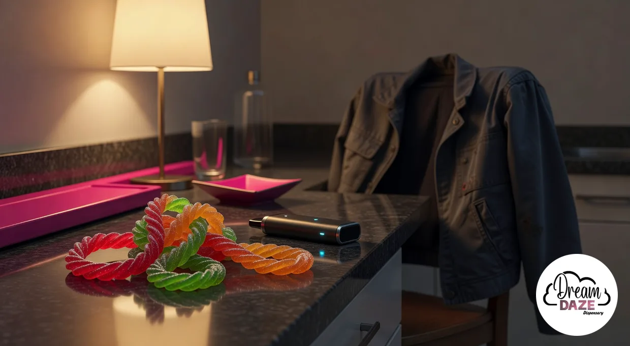 Off Hours rope gummy and vape on a kitchen counter at night after a work shift in Western New York