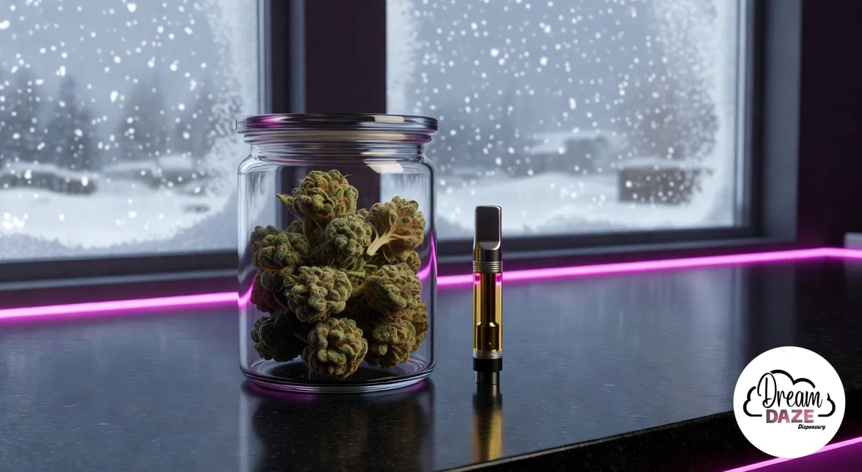 RYTHM cannabis flower jar and live resin vape cart on a dark counter with magenta light