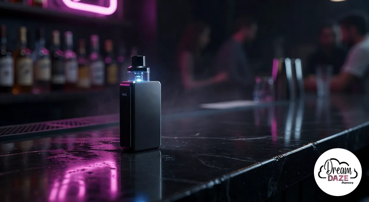 STIIIZY all-in-one vape glowing on a dark bar top with magenta neon light