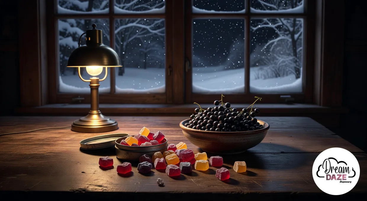 Wyld elderberry cannabis gummies spilled from a tin on a dark table on a snowy Western New York night