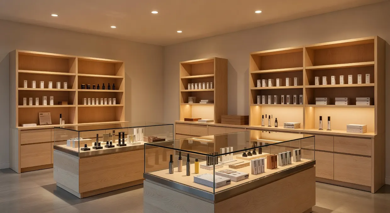 Clean modern licensed dispensary interior with wood shelves and glass counters near Lancaster NY