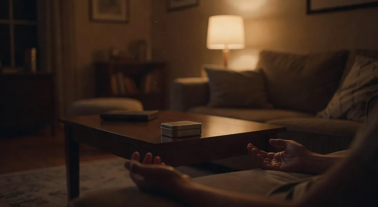 Dim Western New York living room at night with a soft lamp and a cannabis edible tin after work