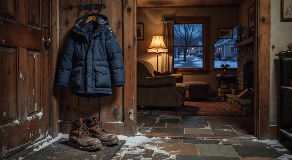 Work boots by the mudroom door with a warm living room lamp glowing at dusk in Lancaster NY