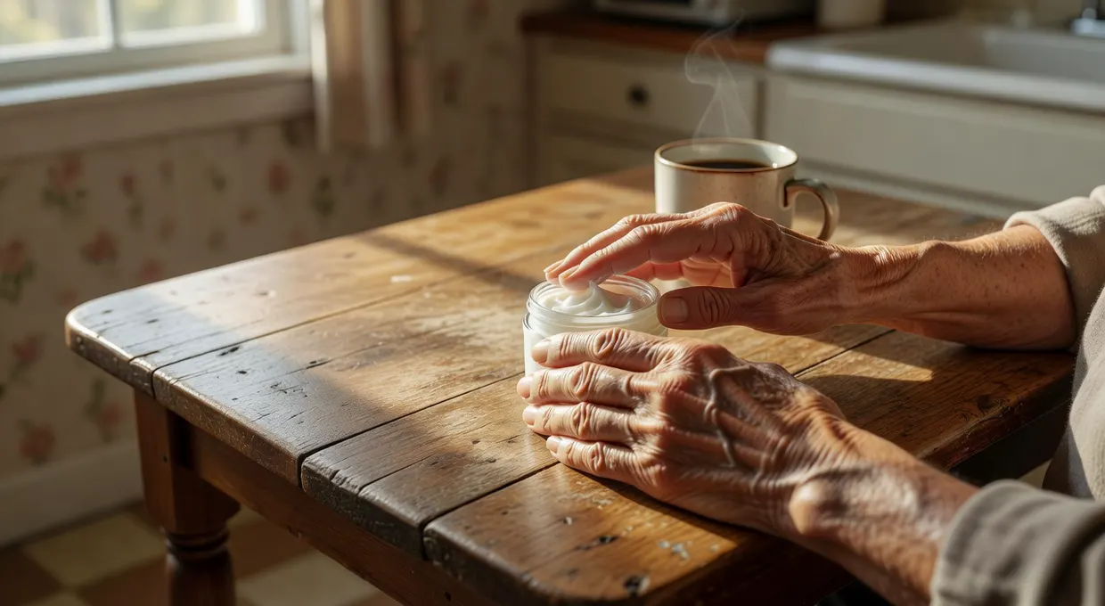 Hands applying cannabis topical cream from a small jar at a kitchen table in morning light in Cheektowaga NY