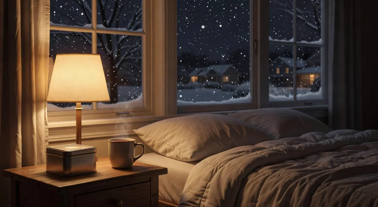 Cozy nightstand with a small tin and cup of tea beside a lamp on a snowy night in Depew NY