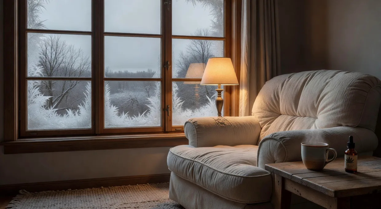 Cozy Western New York living room by a frosted window with warm lamp light on a gray winter day