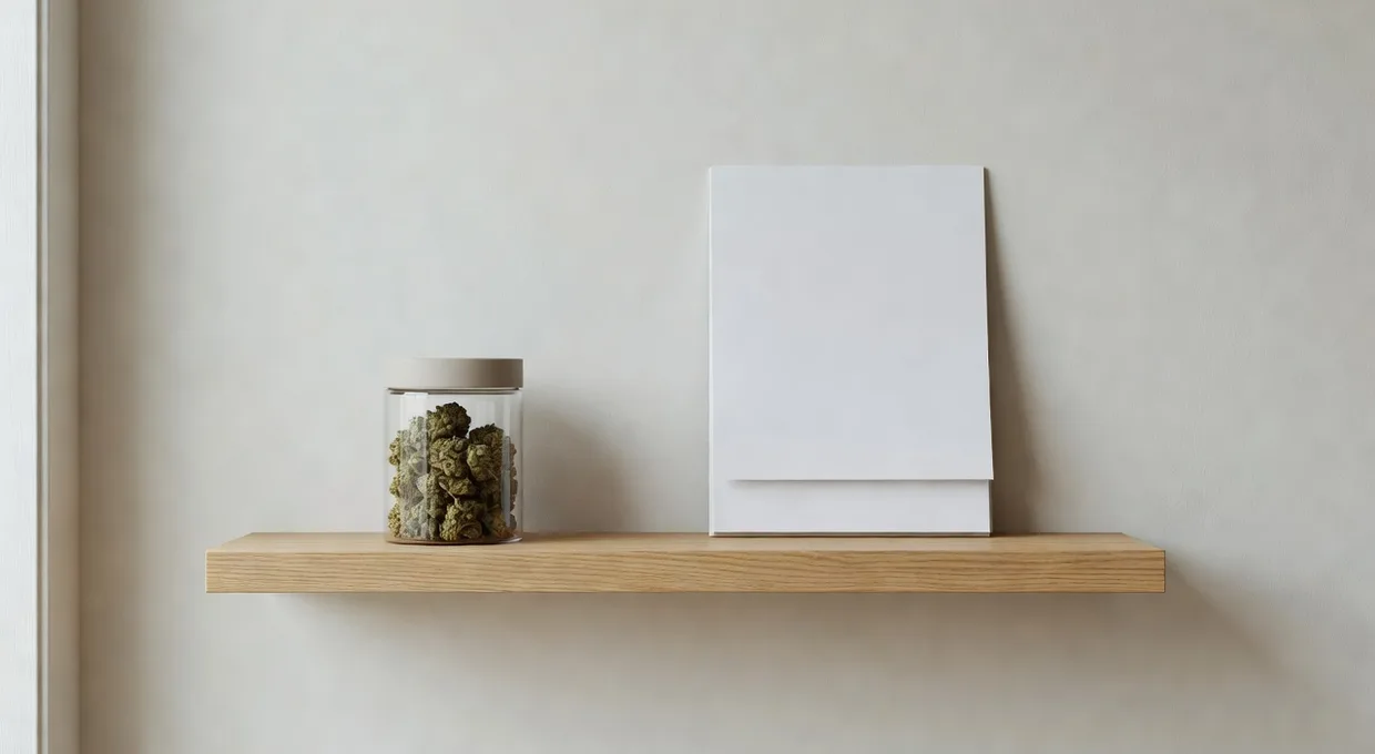 A closed cannabis jar on a shelf beside a wall calendar, representing a tolerance break