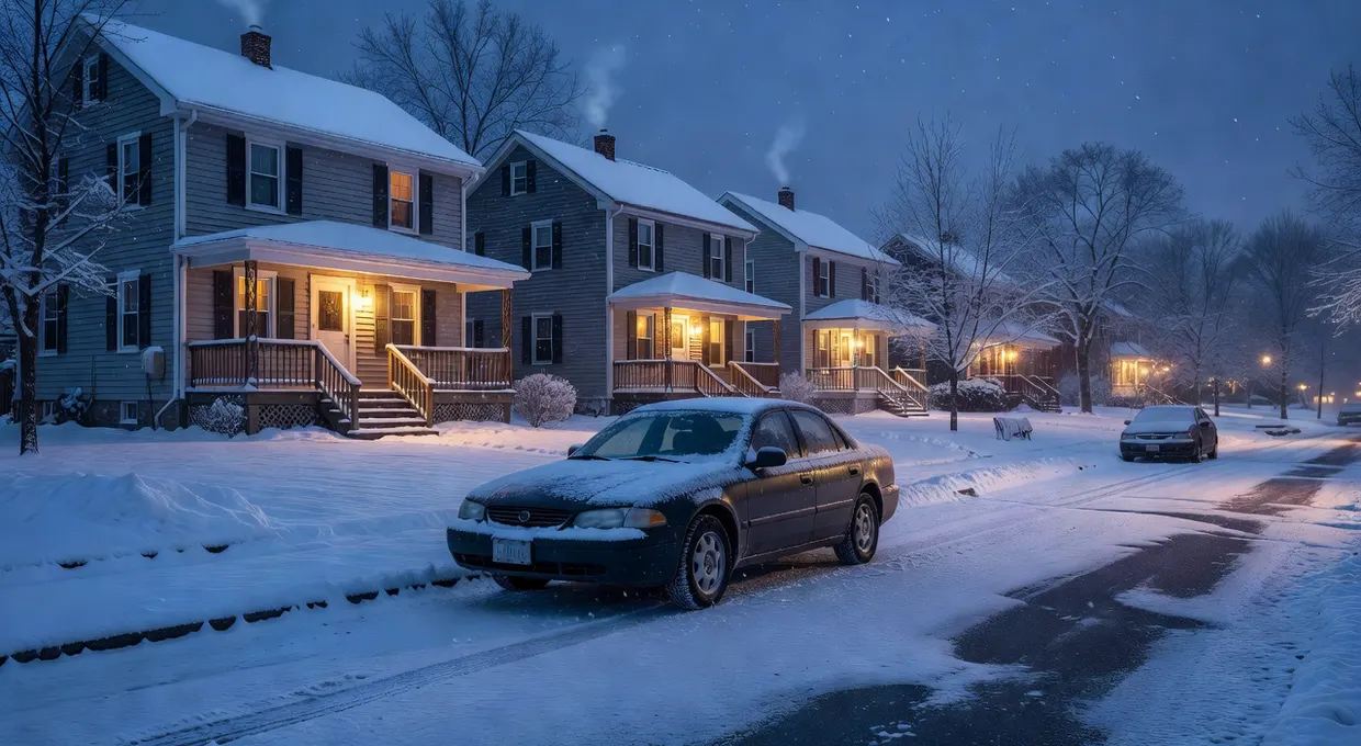 Delivery car parked on a snowy Cheektowaga NY residential street at blue hour with porch lights on