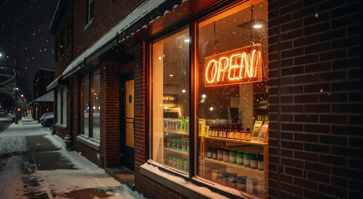 Warm dispensary storefront glowing at night with snow falling in Depew NY