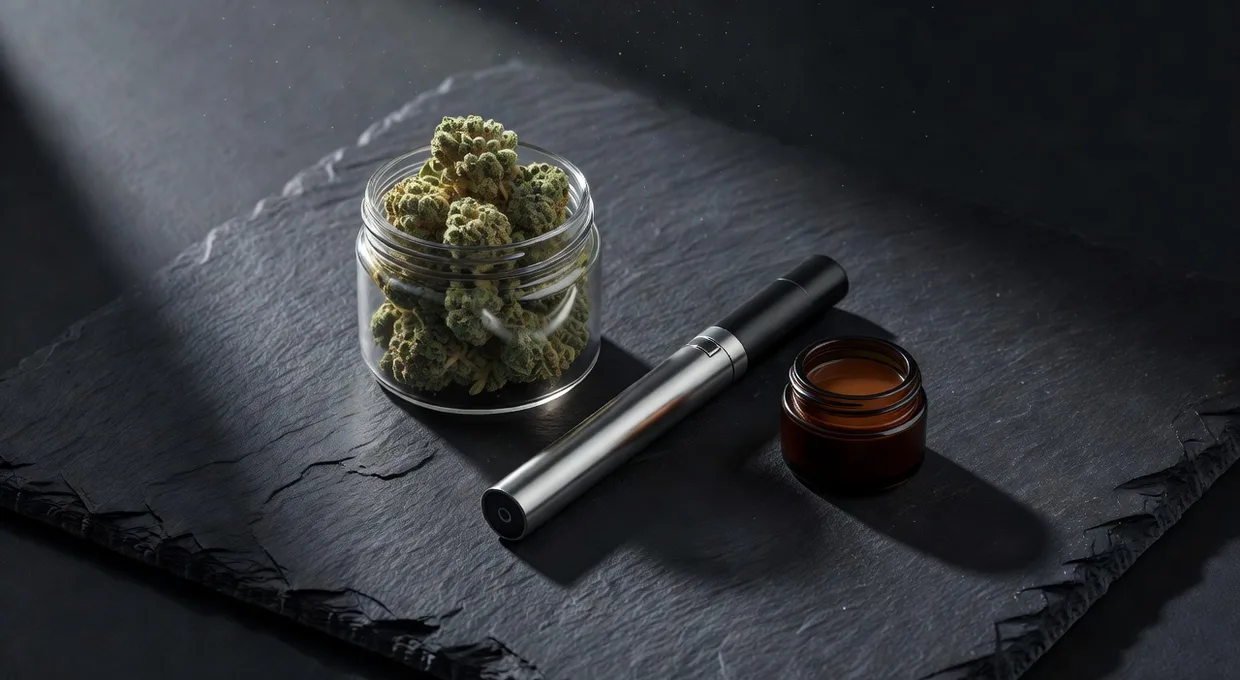 A flat lay of cannabis flower, a vape pen, and a concentrate container on a dark surface
