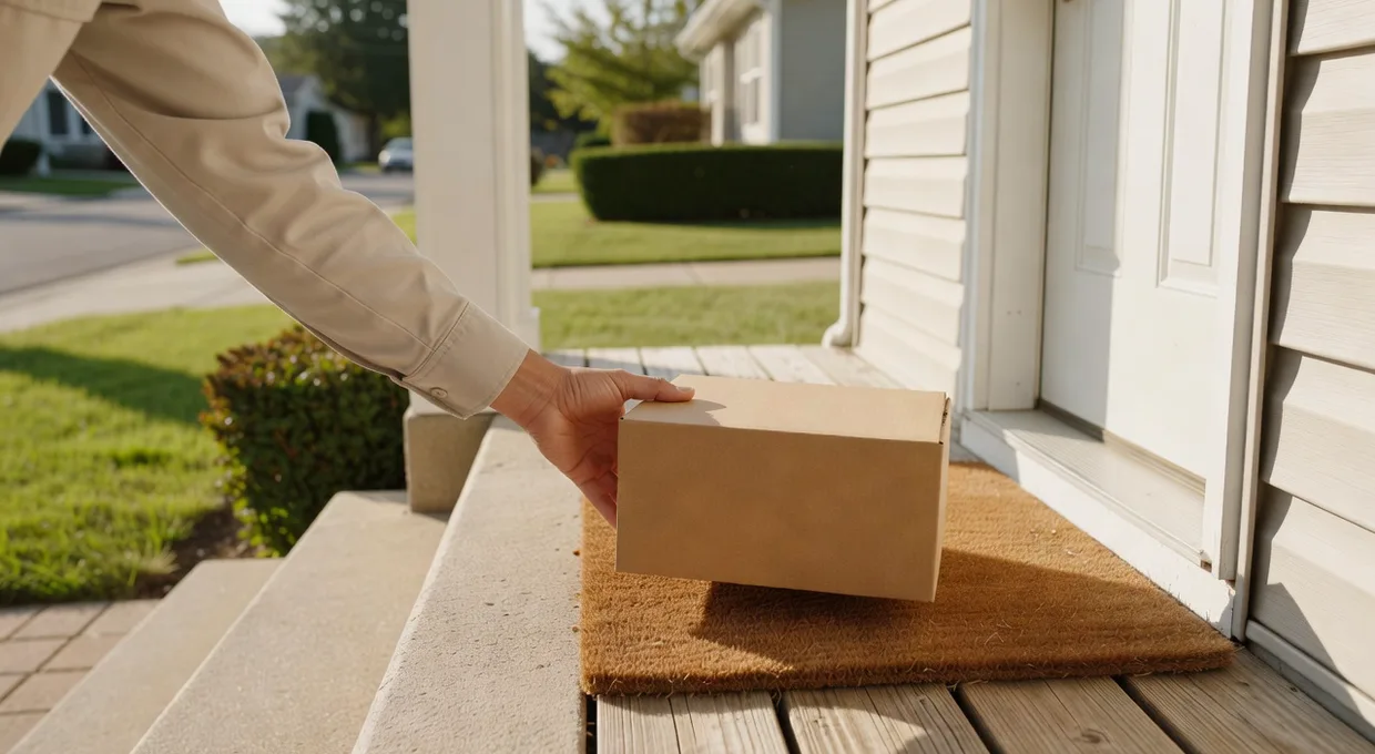 A discreet cannabis delivery package handed off at a Western New York front door in daytime