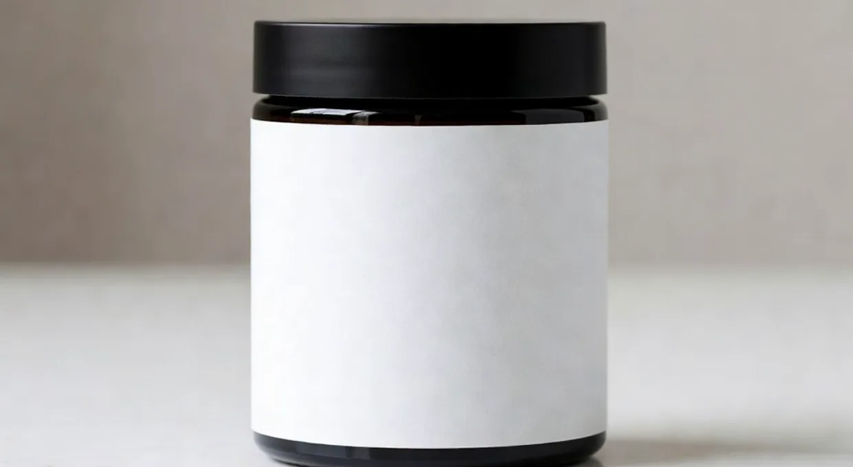 Close up of a cannabis product jar with a label on a clean counter in Western New York