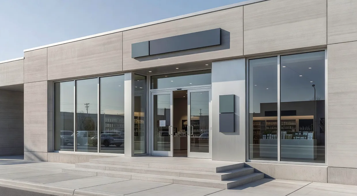 A clean modern licensed cannabis dispensary storefront near Buffalo, New York on a sunny day