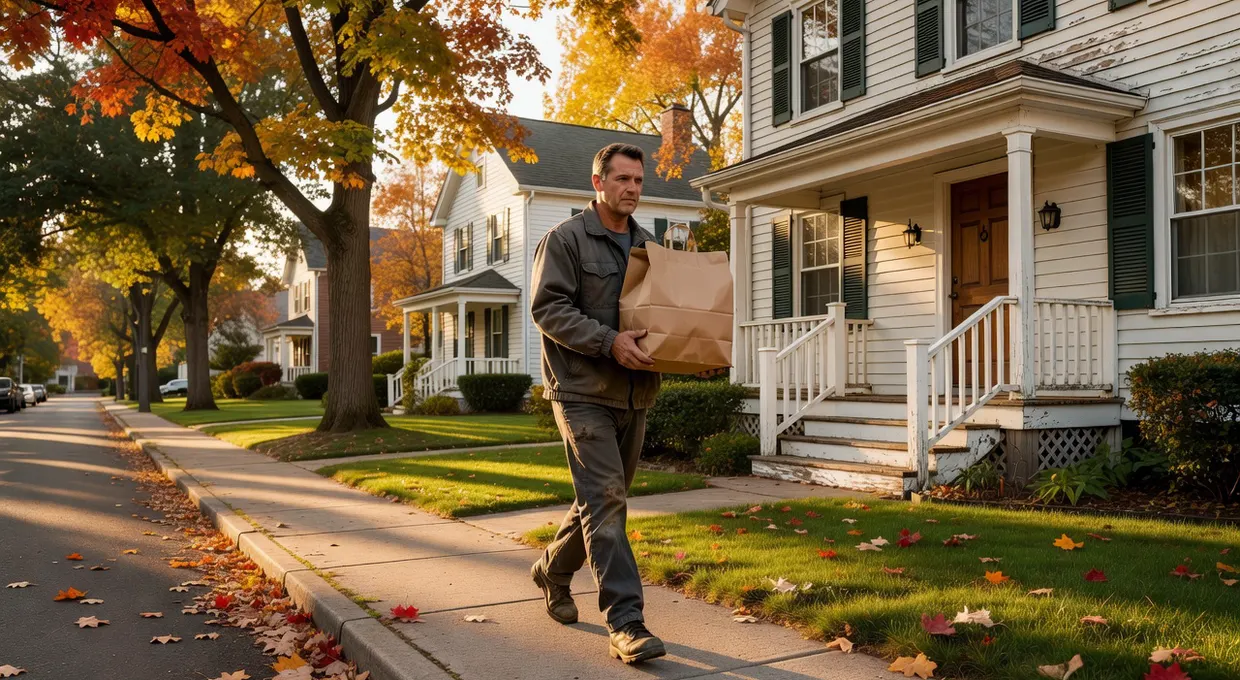 Delivery driver bringing a sealed order to the front porch of a suburban Lancaster NY home