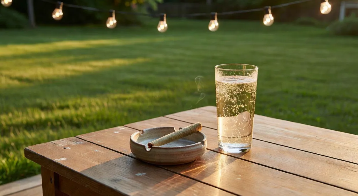 Sunny Western New York backyard patio with a cannabis pre-roll and a cold drink on a summer afternoon
