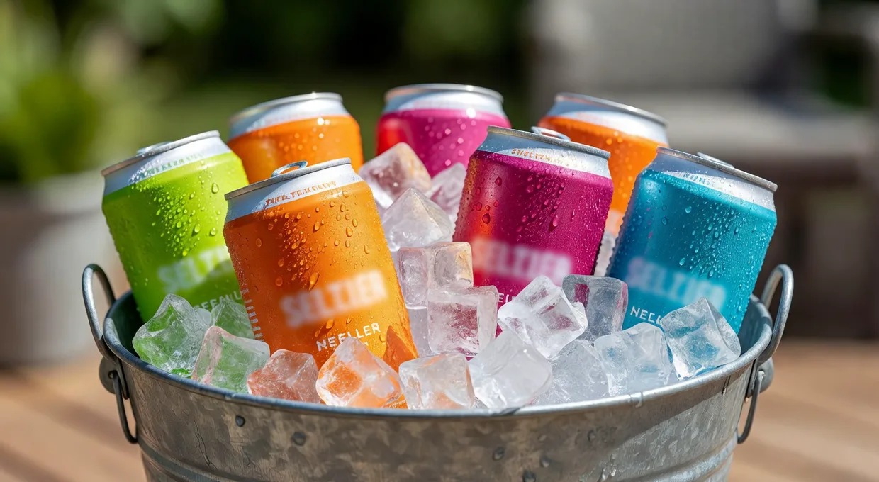 Cannabis infused THC seltzer cans chilling in ice on a bright Western New York summer day