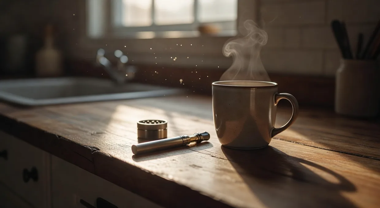 Early morning kitchen counter in Western New York with coffee beside a cannabis vape at sunrise