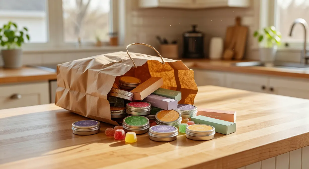 Shopping bag of discounted licensed cannabis products including gummies and vape boxes near Cheektowaga NY