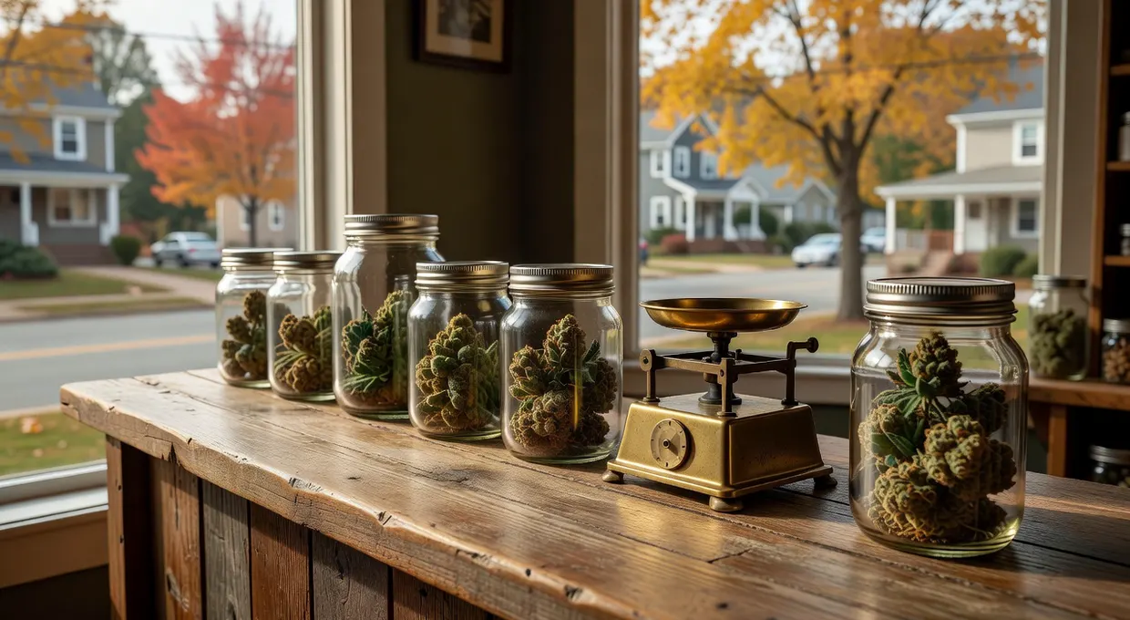 Glass jars of cannabis flower beside a brass scale on a dispensary counter near Lancaster NY