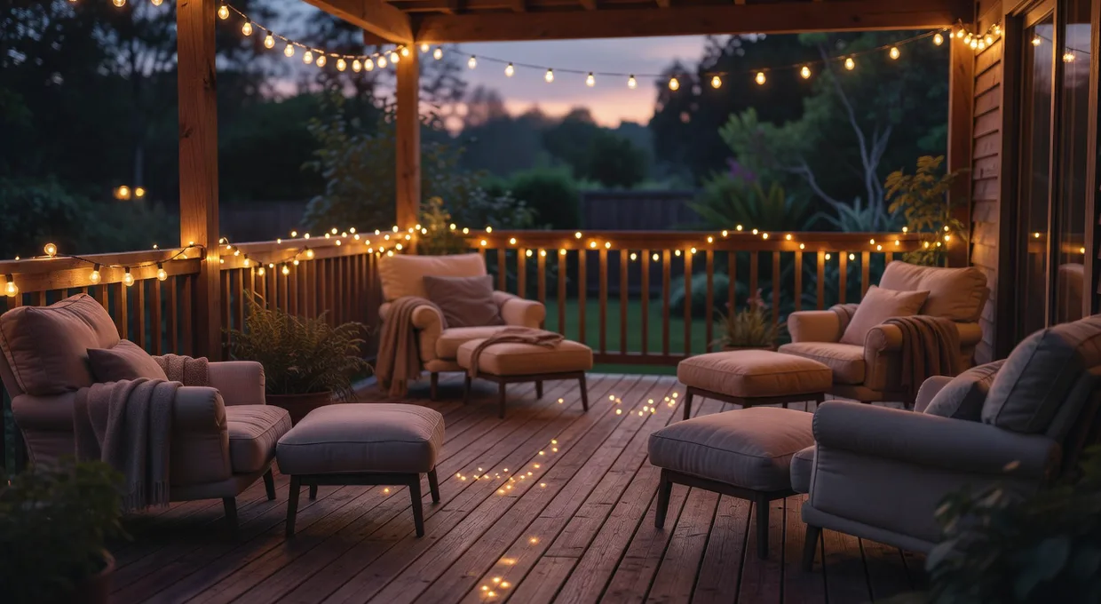 A private backyard deck at dusk with string lights in Western New York, a legal place to consume
