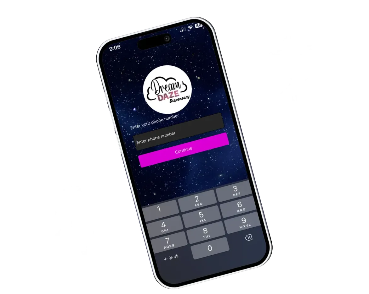Dream Daze mobile app shown on iPhone, with the Dream Daze cloud logo over a starry night background