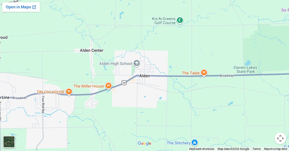 Google map of weed delivery to Alden, NY. Dream Daze dispensary near Alden, delivering from Depew.