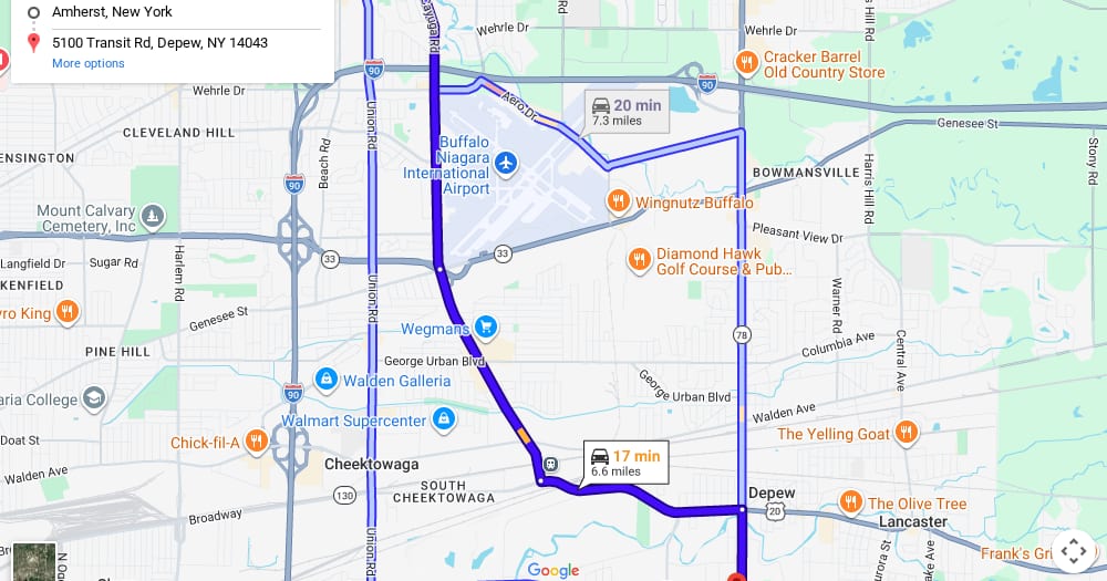Google map of weed delivery to Amherst, NY. Dream Daze dispensary near Amherst, delivering from Depew.