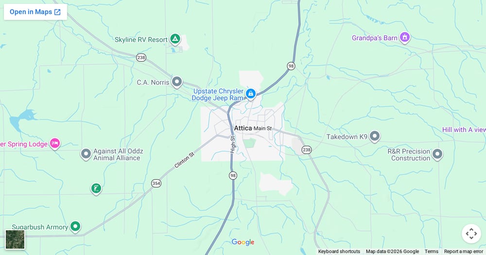 Google map of weed delivery to Attica, NY. Dream Daze dispensary near Attica, delivering from Depew.