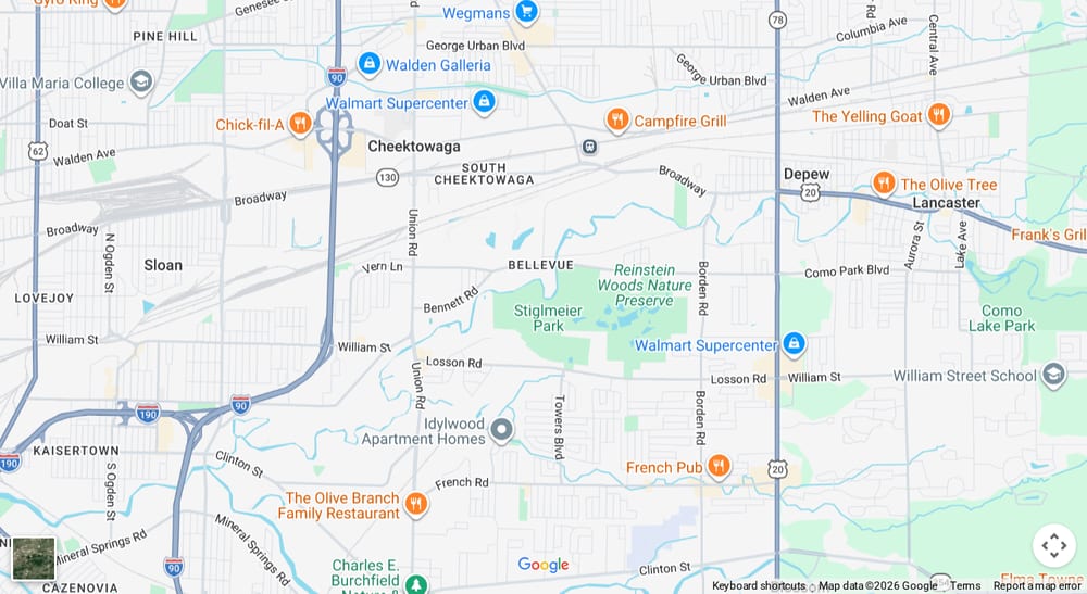 Google map of weed delivery to Bellevue, Cheektowaga NY. Dream Daze dispensary near Bellevue, delivering from Depew.