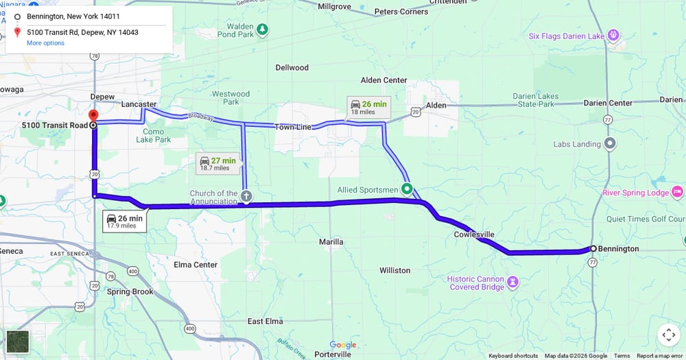 Google map of weed delivery to Bennington, NY. Dream Daze dispensary near Bennington, delivering from Depew.