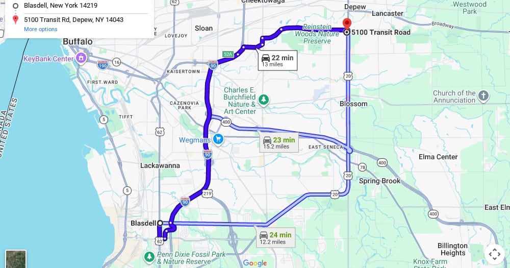 Google map of weed delivery to Blasdell, NY. Dream Daze dispensary near Blasdell, delivering from Depew.