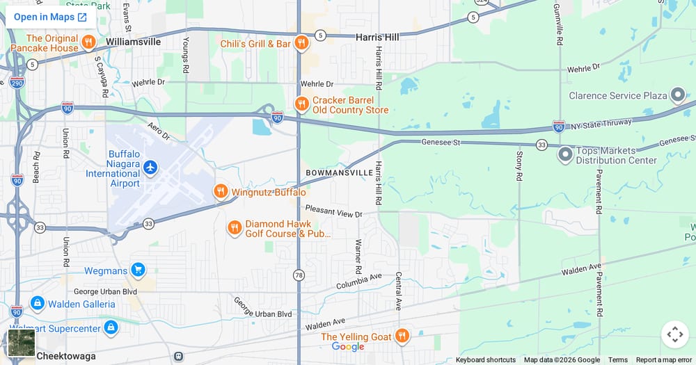 Google map of weed delivery to Bowmansville, NY. Dream Daze dispensary near Bowmansville, delivering from Depew.