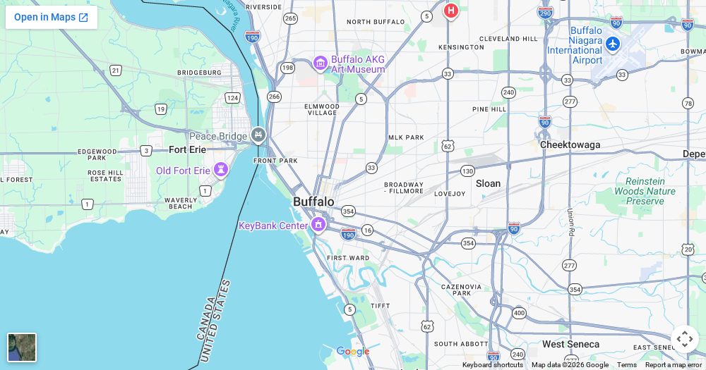 Map of Buffalo, NY, the same-day weed delivery zone served by Dream Daze Dispensary in Depew