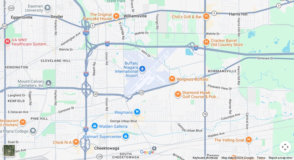 Google map of weed delivery near Buffalo Niagara International Airport, NY. Dream Daze dispensary, delivering from Depew.