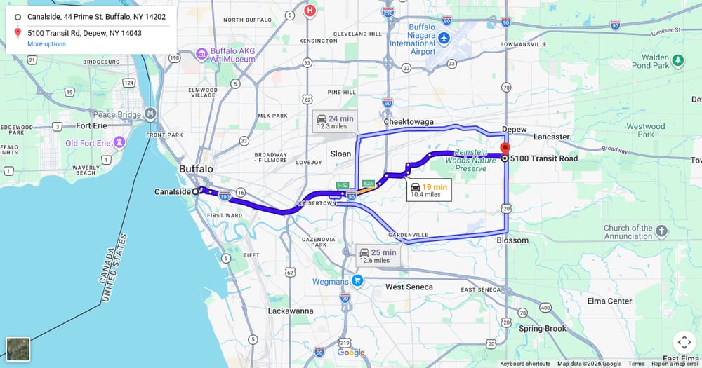 Google map of weed delivery to the Canalside district in Buffalo, NY. Dream Daze dispensary near Canalside, delivering from Depew.