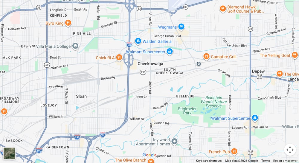 Google map of weed delivery to Cheektowaga, NY. Dream Daze dispensary near Cheektowaga, delivering from Depew.