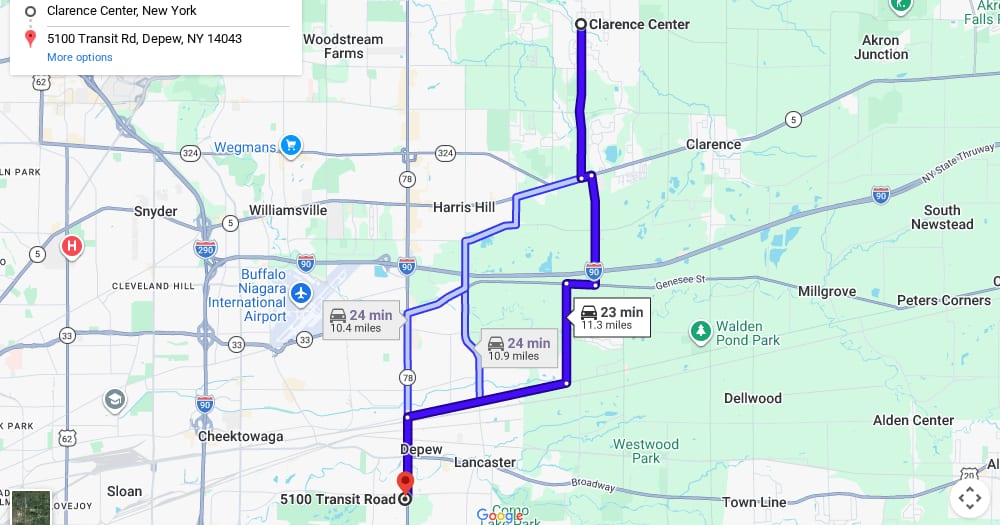 Google map of weed delivery to Clarence Center, NY. Dream Daze dispensary near Clarence Center, delivering from Depew.