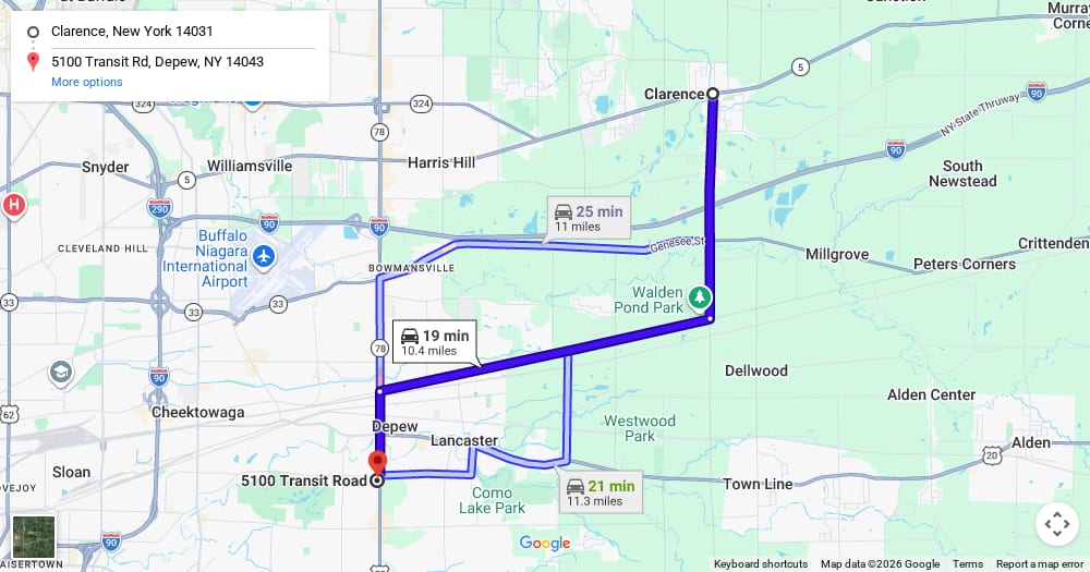 Google map of weed delivery to Clarence, NY. Dream Daze dispensary near Clarence, delivering from Depew.