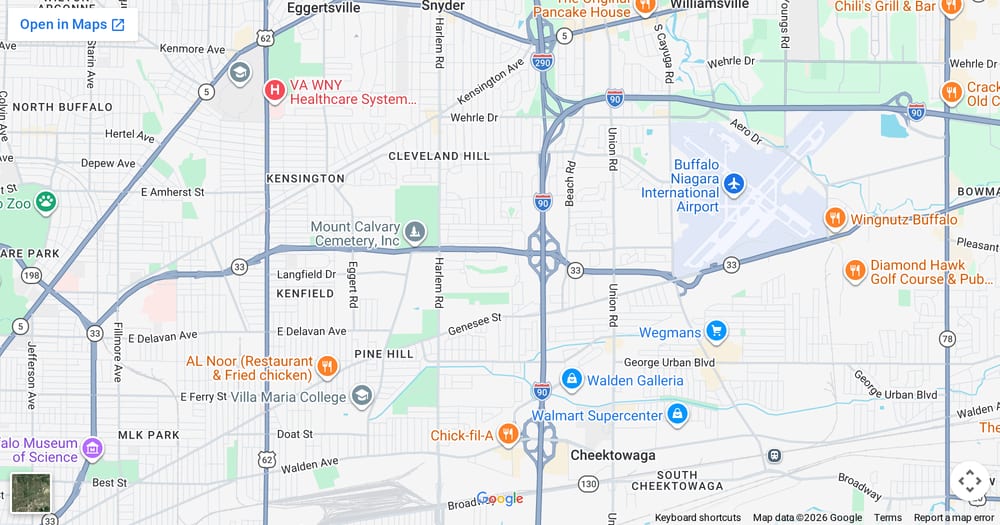 Google map of weed delivery to Cleveland Hill, NY. Dream Daze dispensary near Cleveland Hill, delivering from Depew.