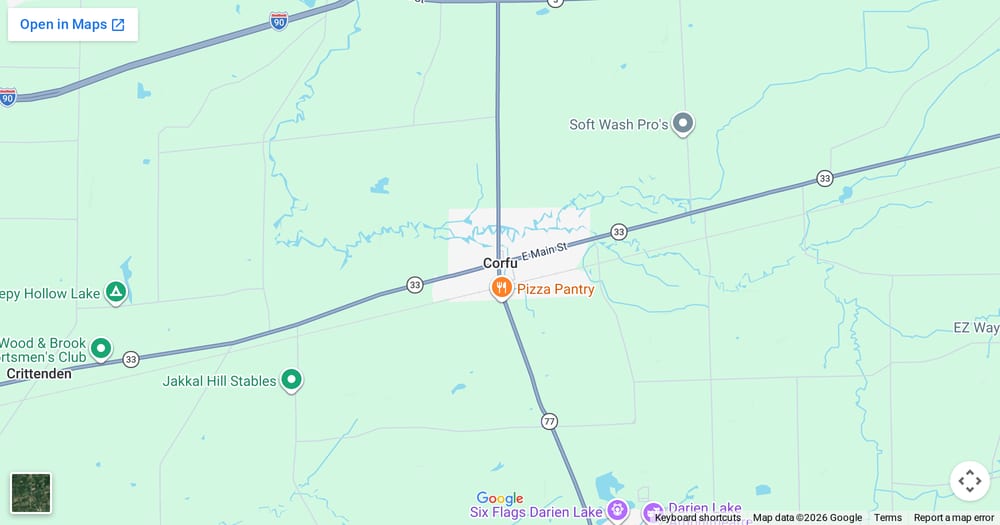 Google map of weed delivery to Corfu, NY. Dream Daze dispensary near Corfu, delivering from Depew.