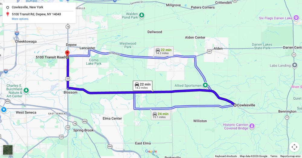 Google map of weed delivery to Cowlesville, NY. Dream Daze dispensary near Cowlesville, delivering from Depew.