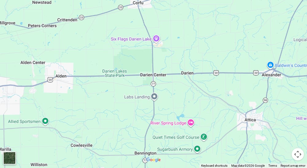 Google map of weed delivery to Darien, NY. Dream Daze dispensary near Darien, delivering from Depew.