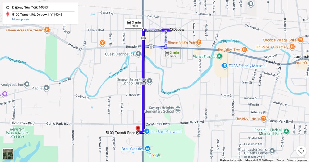 Google map of weed delivery in Depew, NY. Dream Daze, a licensed dispensary in Depew on Transit Road, delivering across the village.