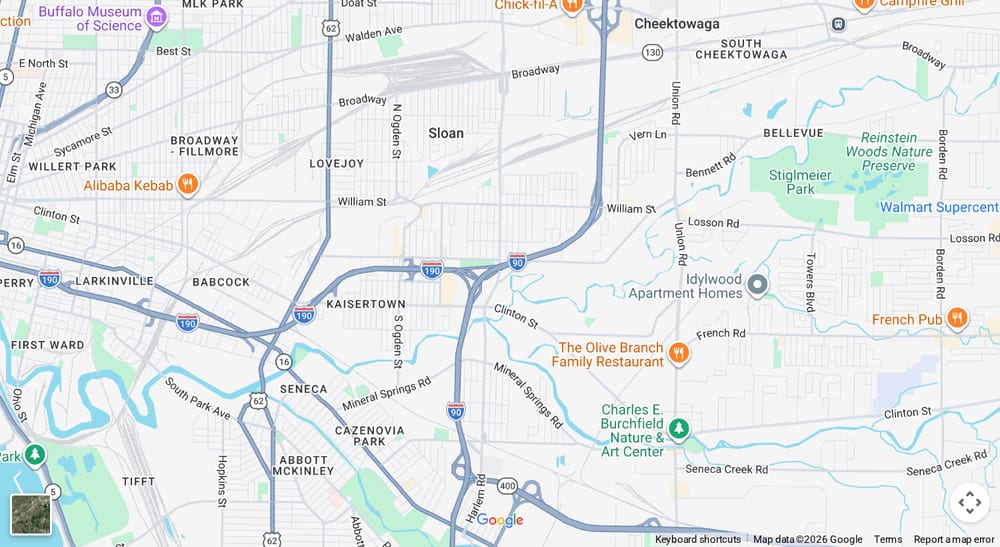 Google map of weed delivery to Doyle, Cheektowaga NY. Dream Daze dispensary near Doyle, delivering from Depew.